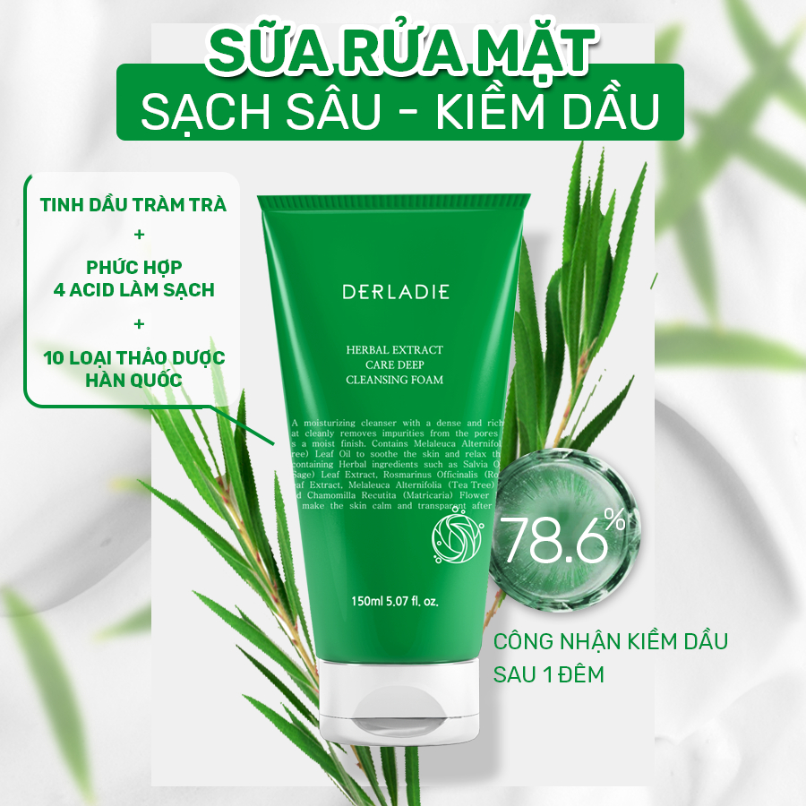 Bộ Đôi Giảm Mụn, Kiềm Dầu Chiết Xuất Tràm Trà SRM Derladie Herbal Extract 150ml, Serum Derladie Herbal Extract 10ml