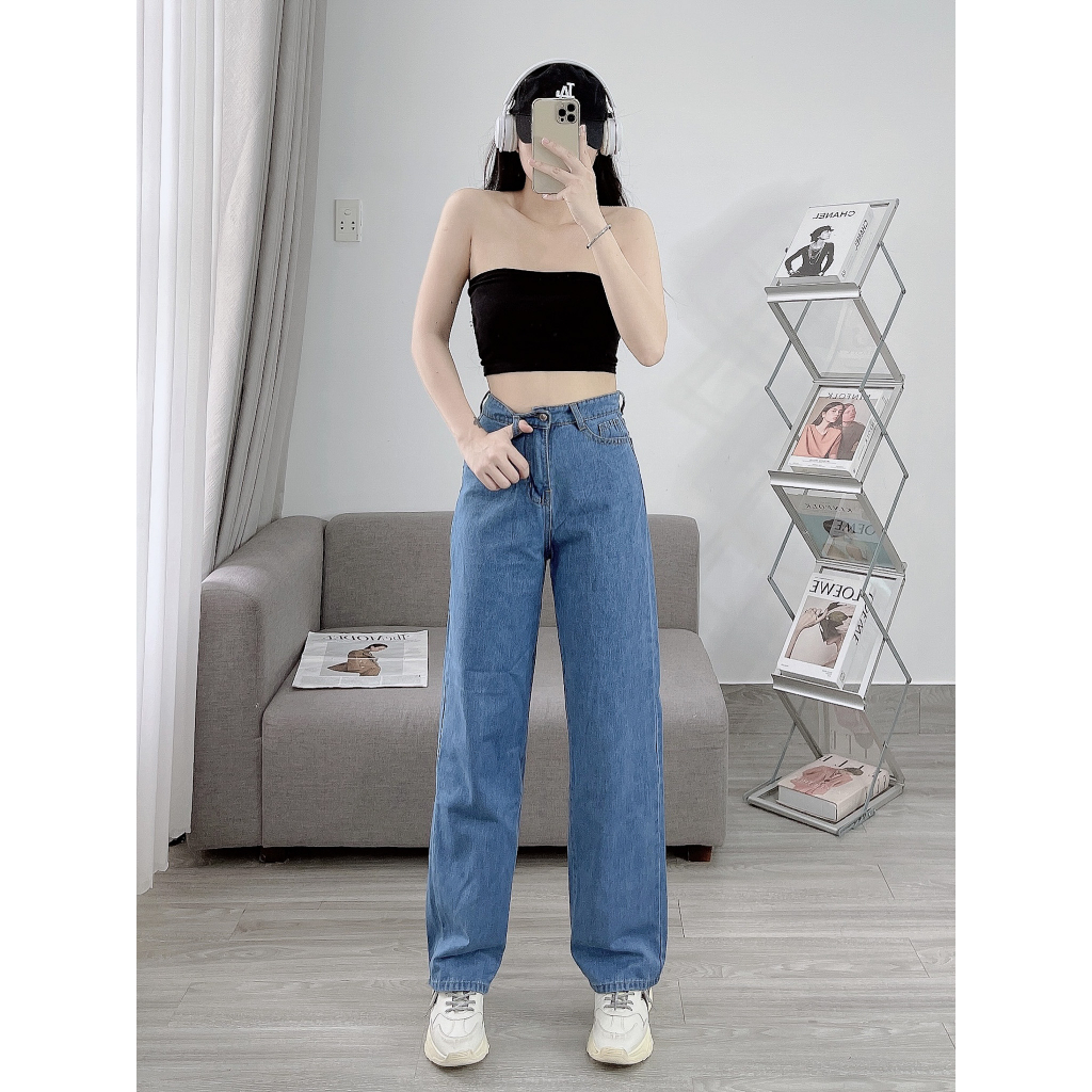 Quần Jeans Nữ, Quần Bò Nữ Aiori Ống Rộng Cạp Cao Trơn Kiểu Bò Suông Phong Cách Thời Trang Hàn Quốc Ulzzang_Mã 004