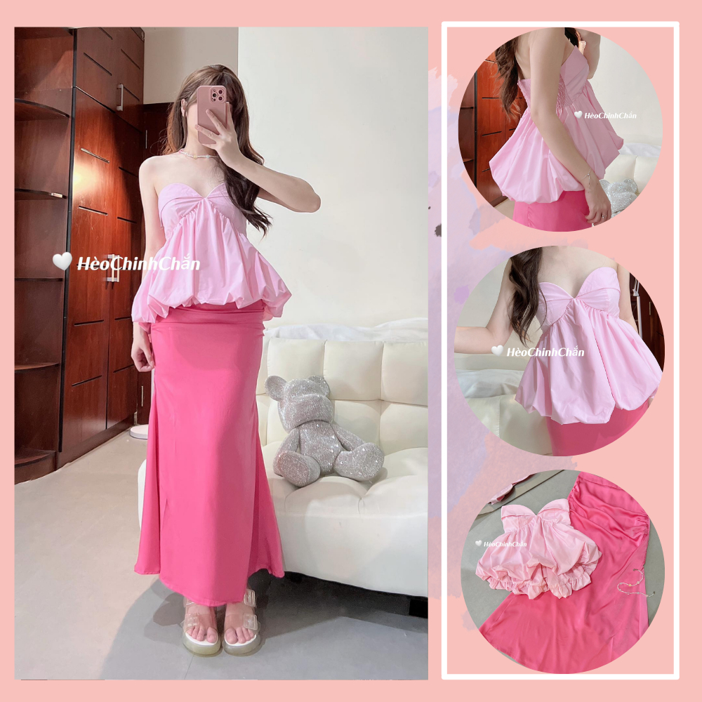 (Ảnh + Video Thật) Set Hồng Bánh Bèo Áo Cúp Ngực Chân Váy Đuôi Cá