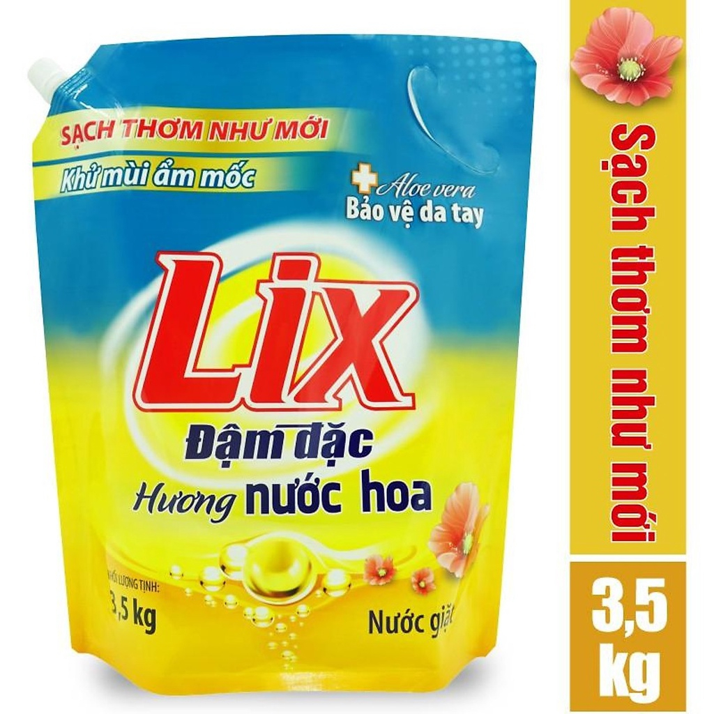 Combo 2 túi nước giặt Lix đậm đặc hương nước hoa và hương hoa 3.5Kg thơm tho khử mùi nấm mốc,NGH07+NG350 Lixco Việt Nam