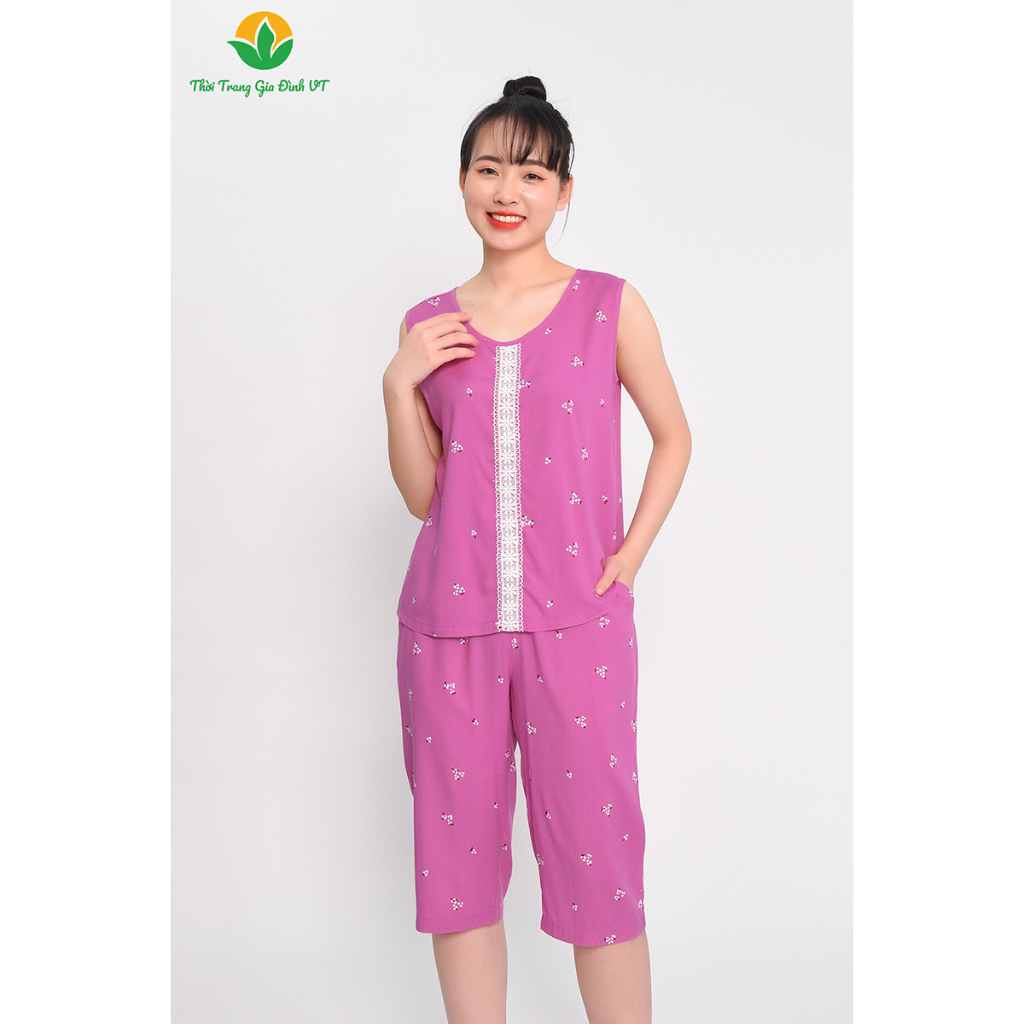 Đồ bộ mặc nhà nữ mùa hè Việt Thắng, quần lửng , áo sát nách , chất Lanh B05.2308