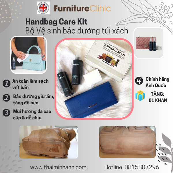 Bộ vệ sinh bảo dưỡng túi da Handbag Care kit Chính hãng Furniture Clinic Anh Quốc, an toàn làm sạch và bảo vệ cho túi da