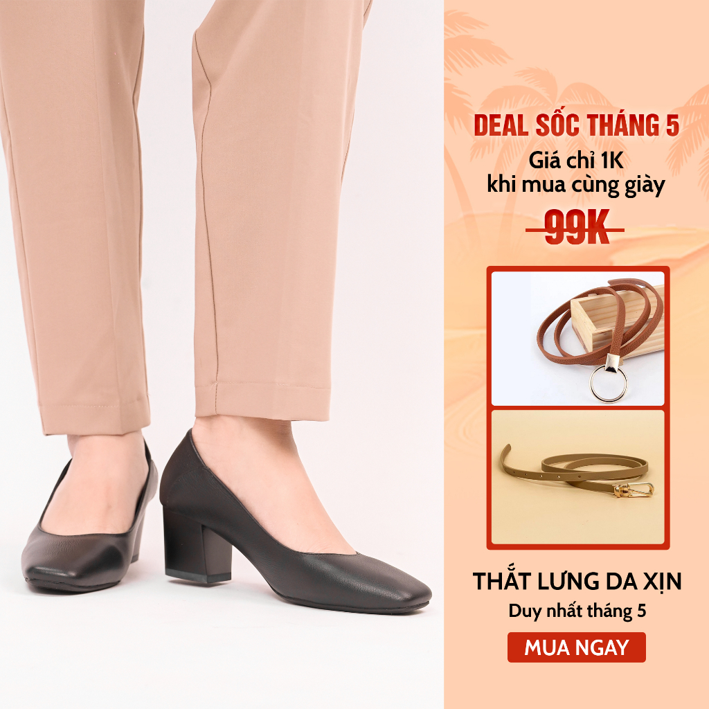 Giày cao gót nữ 5 phân KIMY SHOES,  giày công sở cao gót da thật hàng VNXK mũi vuông thon, đế vuông ma sát