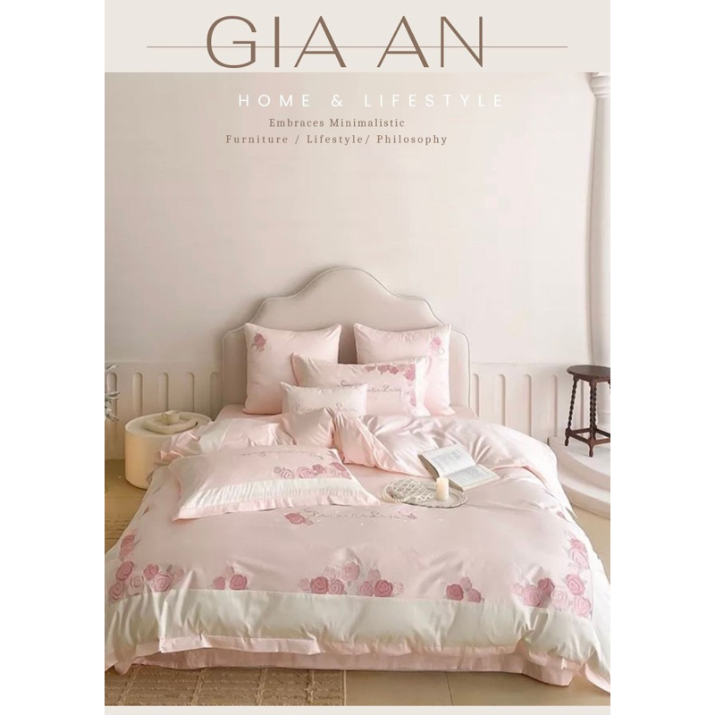 Sét Chăn ga Lụa Thêu hoa hồng phấn Romantic ngọt ngào sang trọng