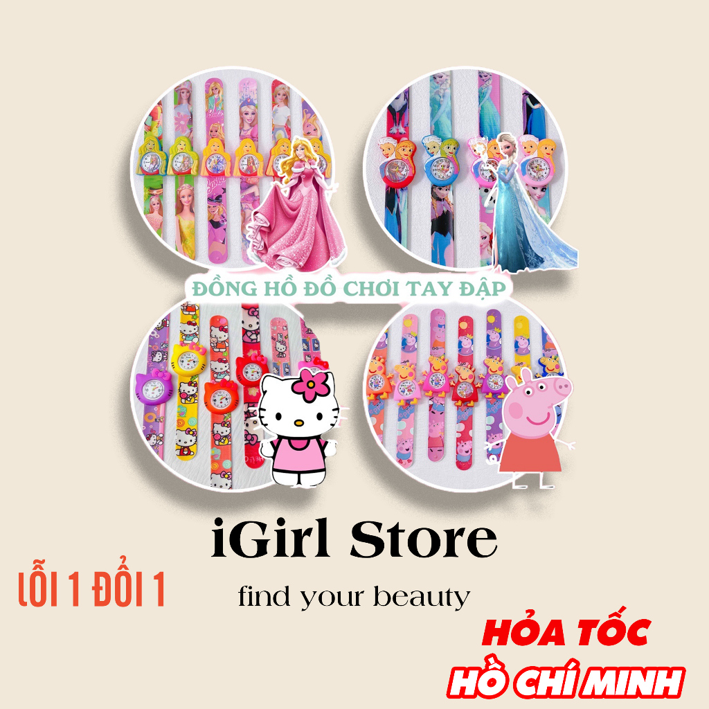 Đồng hồ trẻ em iGirl đồ chơi tay đập hình búp bê mèo kitty công chúa elsa heo peppa bé thỏ bạch tuyết doremon bé gái