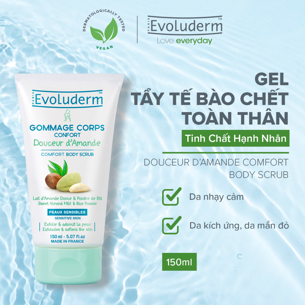 Tẩy tế bào chết toàn thân chiết xuất hạnh nhân ngọt Evoluderm giúp loại bỏ tế bào chết và mịn da 150ml