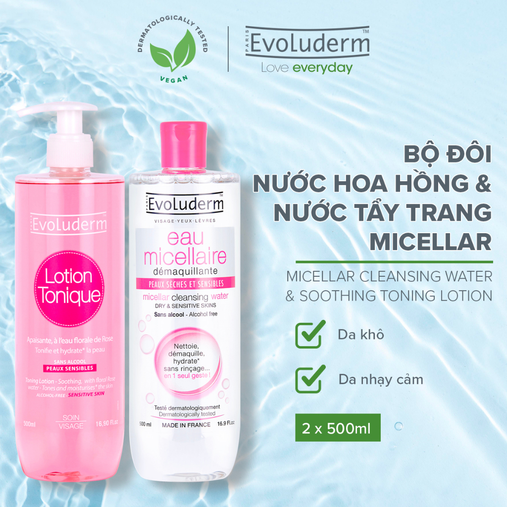 Bộ sản phẩm nước tẩy trang và hoa hồng chăm sóc dành cho da khô và nhạy cảm Evoluderm 500MLx2