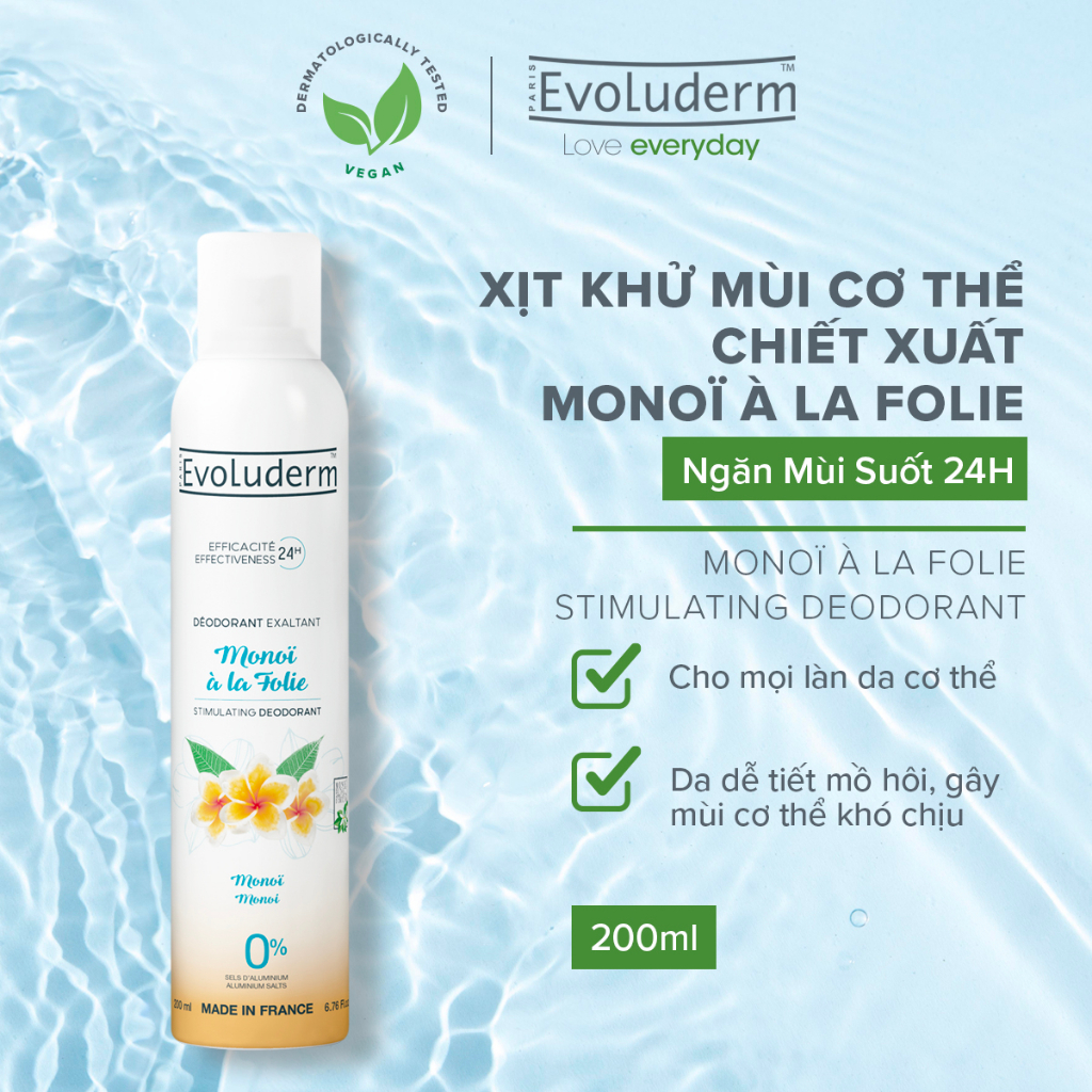 Xịt khử mùi toàn thân Evoluderm chiết xuất hoa Monoi ngăn khuẩn gây mùi suốt 24h - 200ml