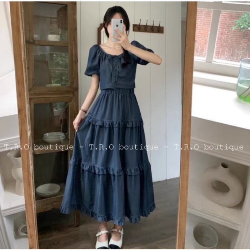 Set váy bò jeans 2 món T.R.O ulzzang - Set áo bèo trễ vai phối nơ kèm chân váy dài midi bèo tầng cạp chun QC cao cấp