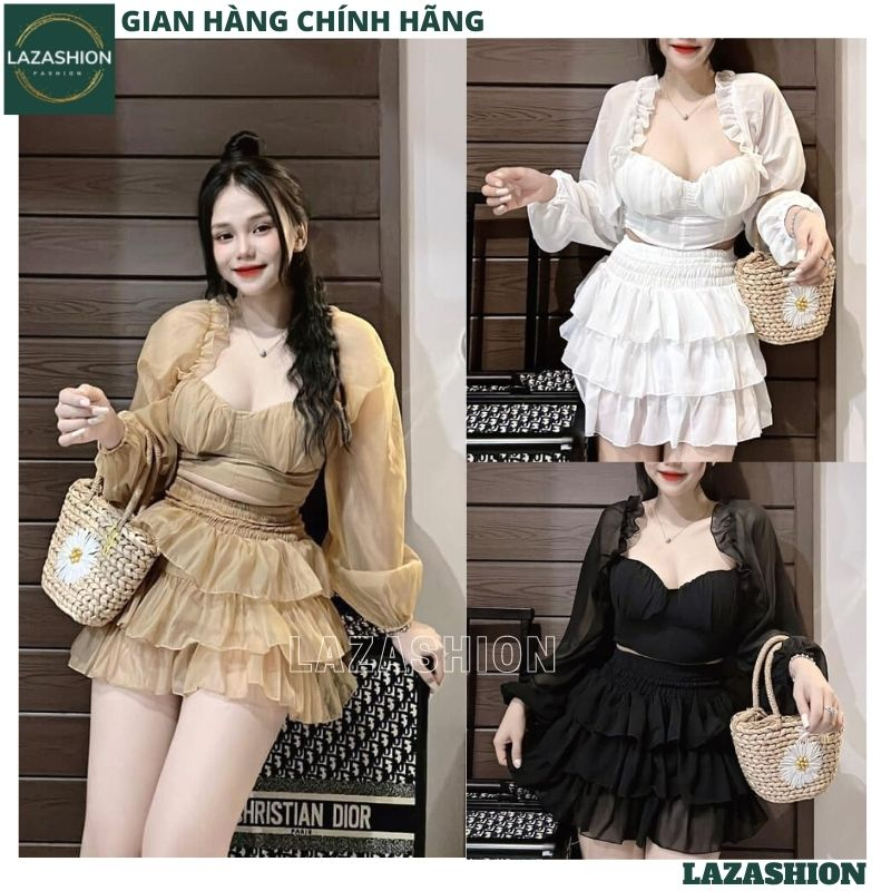 Bộ voan croptop dài tay có mút ngực mix chân váy bo chun, Set áo voan dài tay cổ bèo chân váy tầng xếp ly điệu đà - LAZA