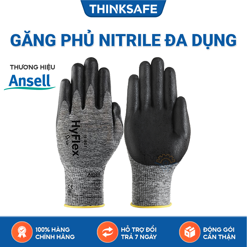 Găng tay cơ khí Ansell Hyflex 11-801, phủ Nitrile dầy, ôm tay, chống bám dầu mỡ, Bao tay thợ máy chuyên dùng - Thinksafe