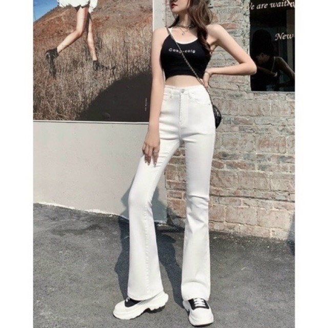Quần jean ống loe cạp cao MÀU TRẮNG may gấu co dãn hàng cao cấp-XMTĐ-Mã 14