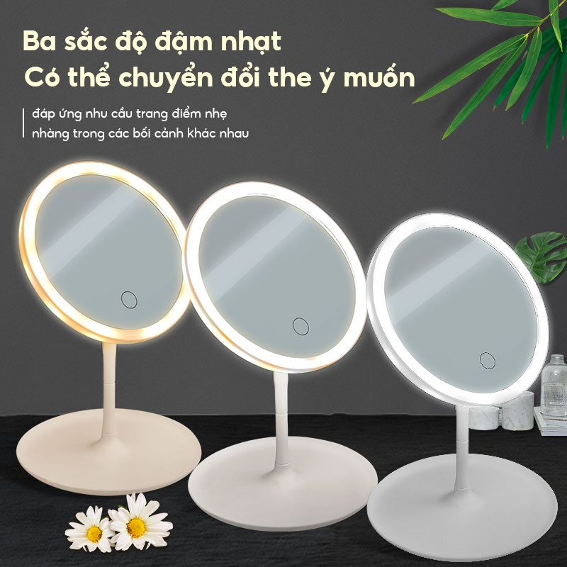 Gương để bàn có đèn led, gương trang điểm cảm ứng 3 chế độ sáng