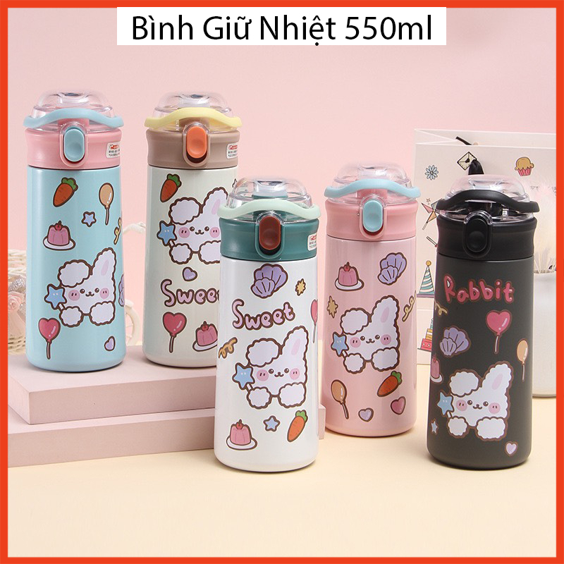 Bình Giữ Nhiệt 550ml Nóng Lạnh,Nắp Bật Chống Rò Rỉ, Có Ống Hút, Inox 304 An Toàn Tặng Kèm Sticker 2D