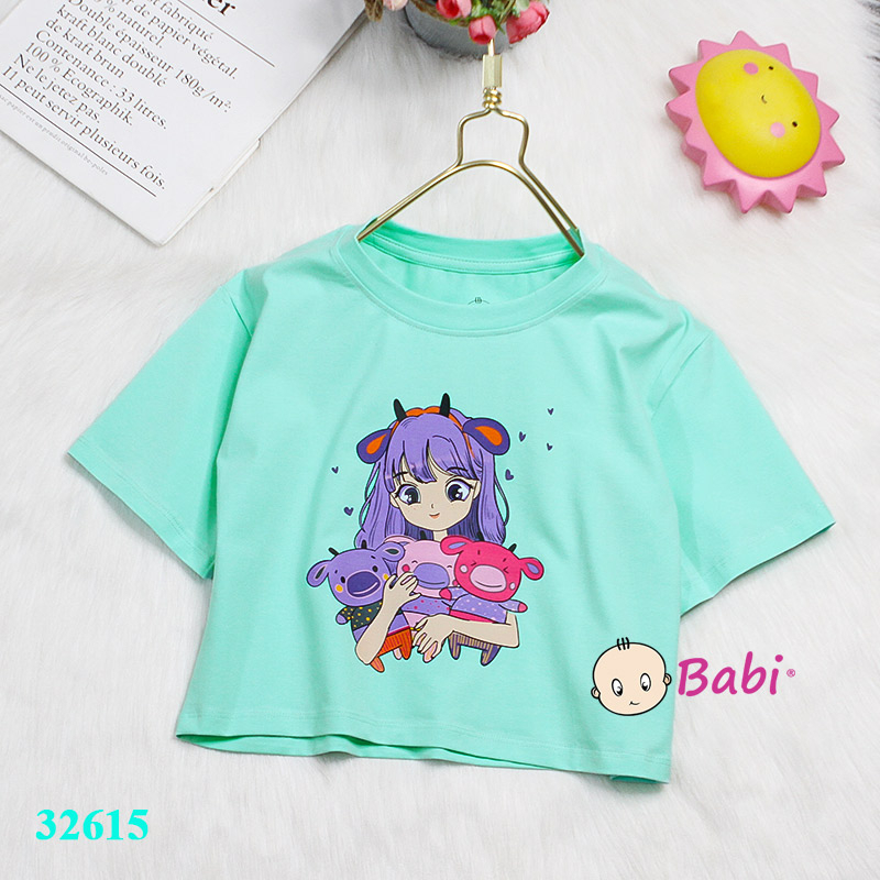 Áo croptop mẹ và bé gái in in hình bé gái xinh xắn, Áo thun croptop cotton 4c ngắn tay cho bé gái size đại 15-45kg