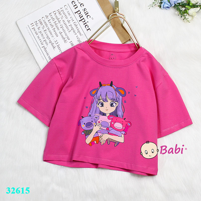Áo croptop mẹ và bé gái in in hình bé gái xinh xắn, Áo thun croptop cotton 4c ngắn tay cho bé gái size đại 15-45kg