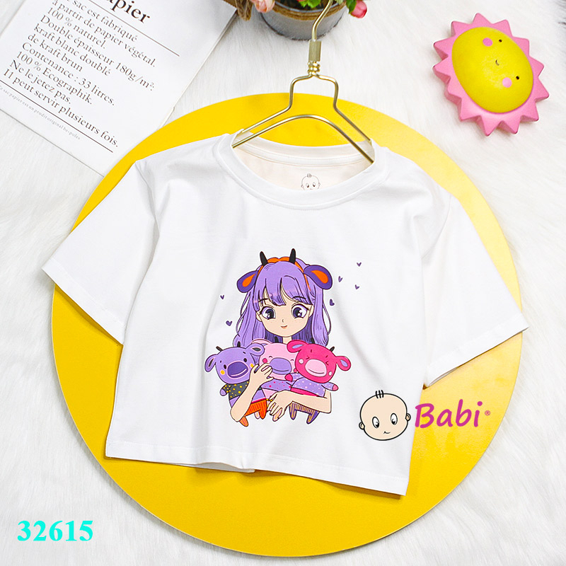 Áo croptop mẹ và bé gái in in hình bé gái xinh xắn, Áo thun croptop cotton 4c ngắn tay cho bé gái size đại 15-45kg