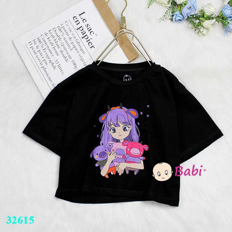 Áo croptop mẹ và bé gái in in hình bé gái xinh xắn, Áo thun croptop cotton 4c ngắn tay cho bé gái size đại 15-45kg