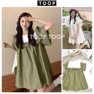 Váy babydoll cánh tiên phong cách ulzzang màu trắng/xanh rêu-Đầm nữ viền bèo tiểu thư dáng xòe hàn quỐC TOOP