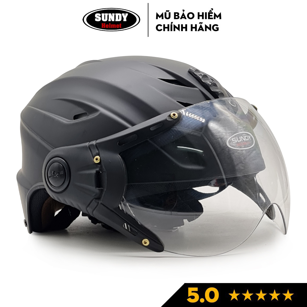 Nón bảo hiểm nửa đầu có kính SUNDY Helmets HP02K, vân mũ thể thao, Freesize (vòng đầu 56-59cm) cho nam nữ