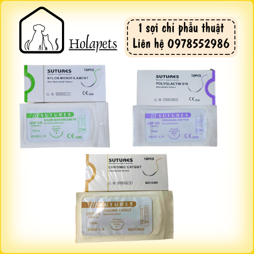 1 SỢI chỉ phẫu thuật dùng trong thú y, chỉ tiêu nhanh, tiêu chậm, không tiêu (Catgut, Polyglactin, Catgut) Holapets