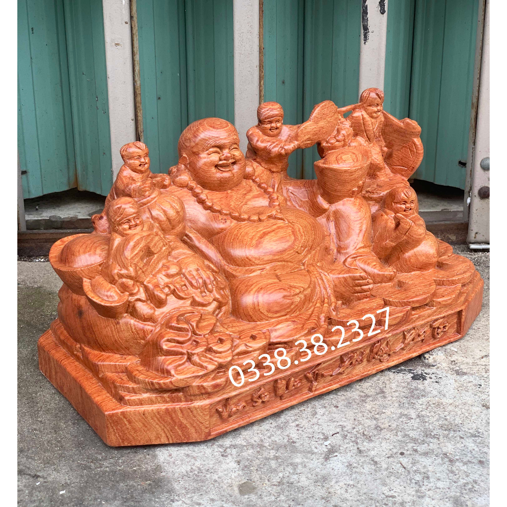 Tượng phật di lặc ngũ phúc ngồi đế chữ rộng 30 40cm và 50cm được làm bằng gỗ hương nguyên khối