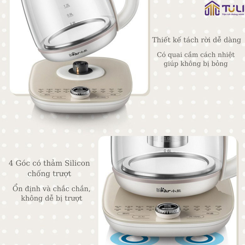 Ấm Bình Máy pha trà chưng yến, đun nước Bear C18P1, thủy tinh dung tích 1,8L nhỏ gọn tiện lợi, dưỡng sinh, BH 12 tháng