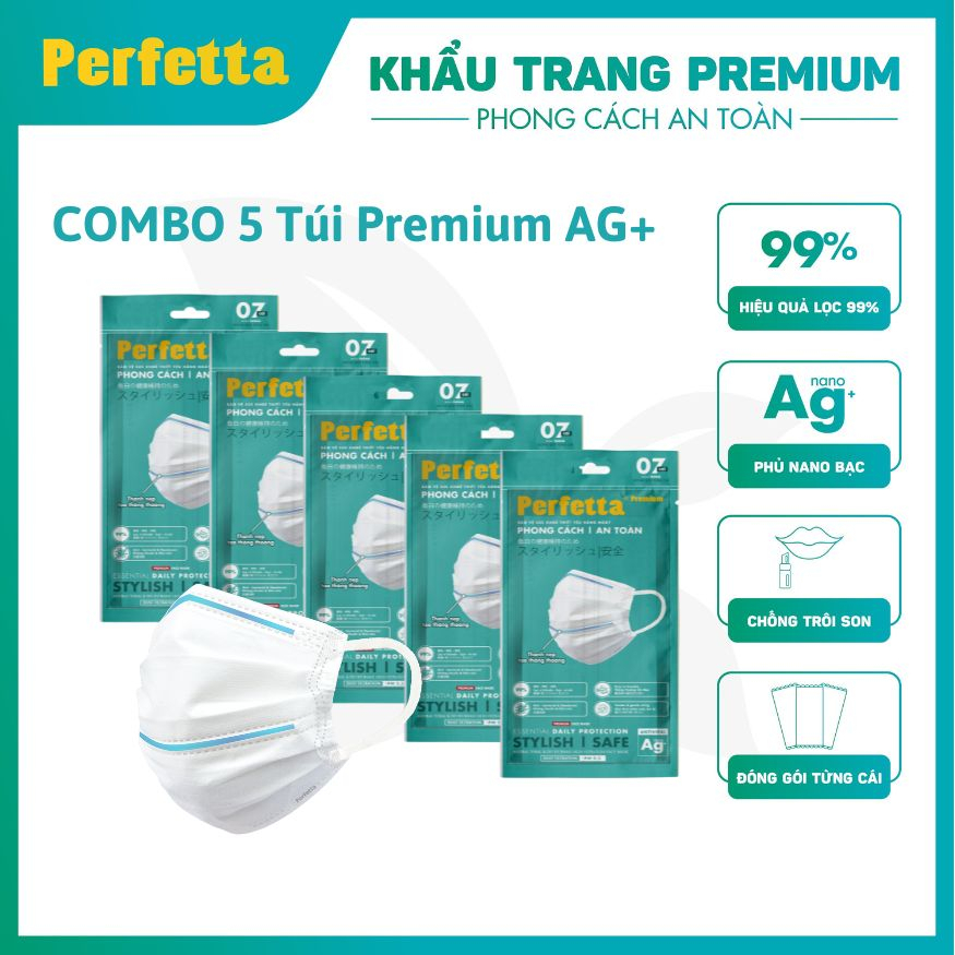 Gói Khẩu Trang Y Tế Cao Cấp Chuẩn Nhật Perfetta Premium AG+, 2 Thanh Nẹp Thông Thoáng (7 cái/gói)