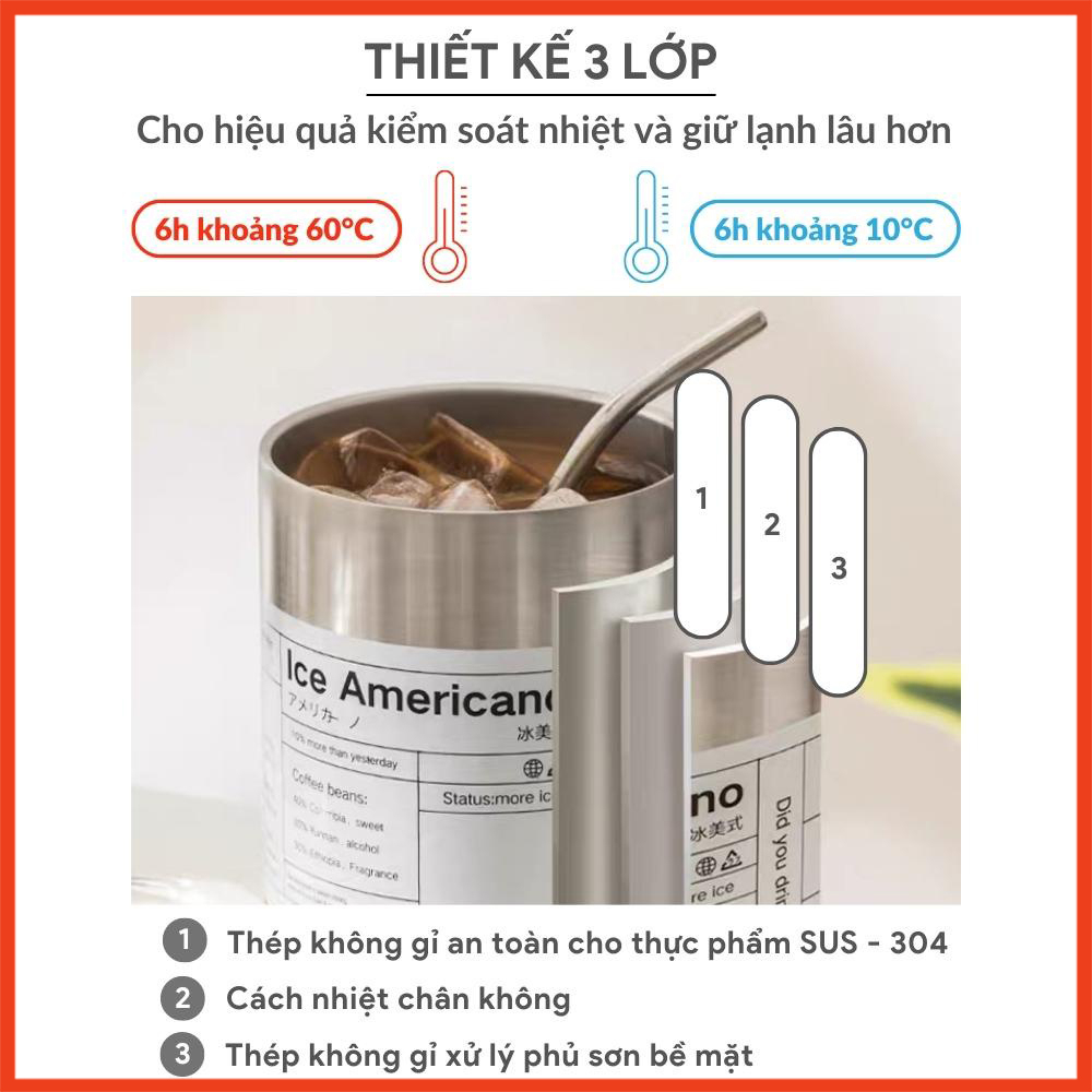 Cốc Giữ Nhiệt iced Americano Thể Tích 650ml/350m Làm Bằng Inox 304, Ly Giữ Nhiệt Tặng Kèm Ống Hút Inox Cao Cấp