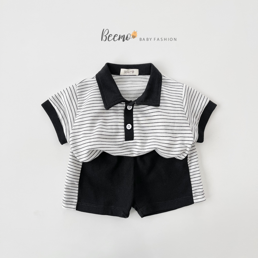 Set bộ quần áo polo Beemo kẻ ngang hai màu mặc hè chất liệu cotton co giãn, mềm mịn cho bé từ 1 - 7 tuổi 22125B