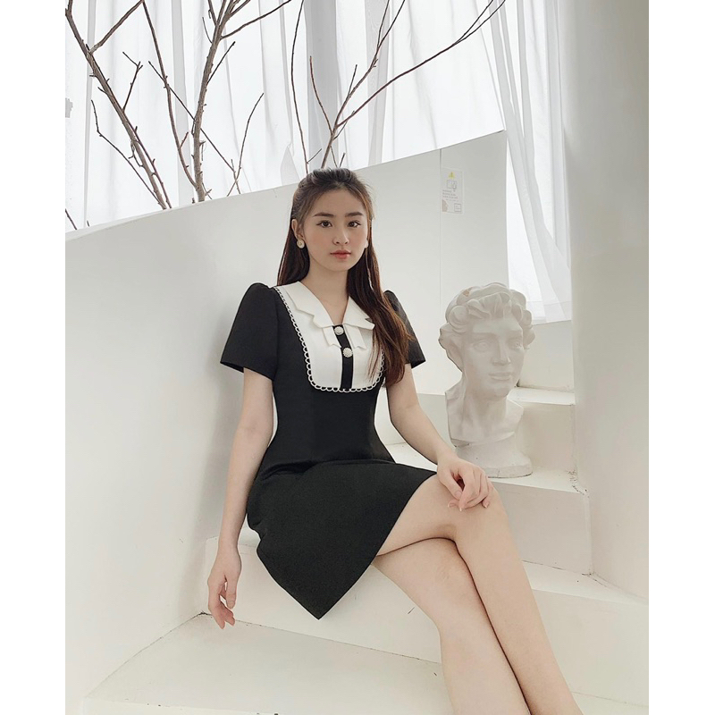 Váy đen ngắn tay dáng chữ A phối cổ bèo nơ nhí tiểu thư BABY ORRI DRESS