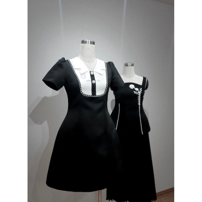 Váy đen ngắn tay dáng chữ A phối cổ bèo nơ nhí tiểu thư BABY ORRI DRESS