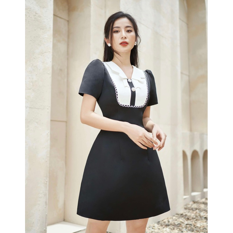 Váy đen ngắn tay dáng chữ A phối cổ bèo nơ nhí tiểu thư BABY ORRI DRESS