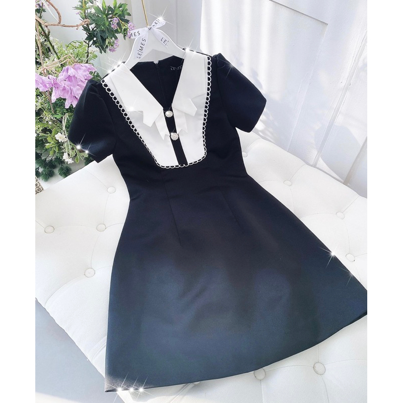 Váy đen ngắn tay dáng chữ A phối cổ bèo nơ nhí tiểu thư BABY ORRI DRESS