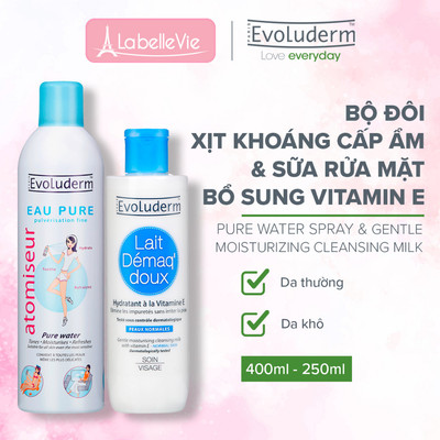 Bộ xịt khoáng Evoluderm 400ml cấp ẩm và sữa rửa mặt tẩy trang làm sạch da cho làn da tươi sáng 250ML