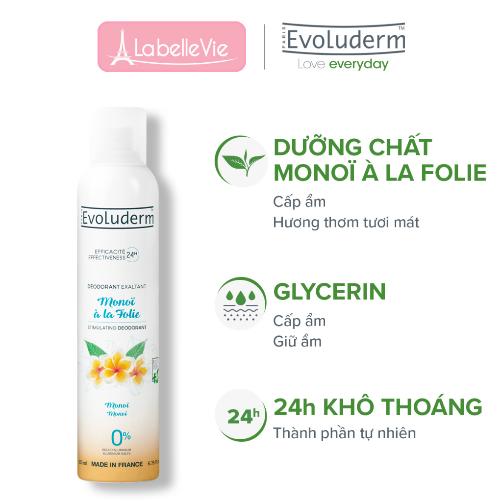 Xịt khử mùi toàn thân Evoluderm chiết xuất hoa Monoi ngăn khuẩn gây mùi suốt 24h - 200ml