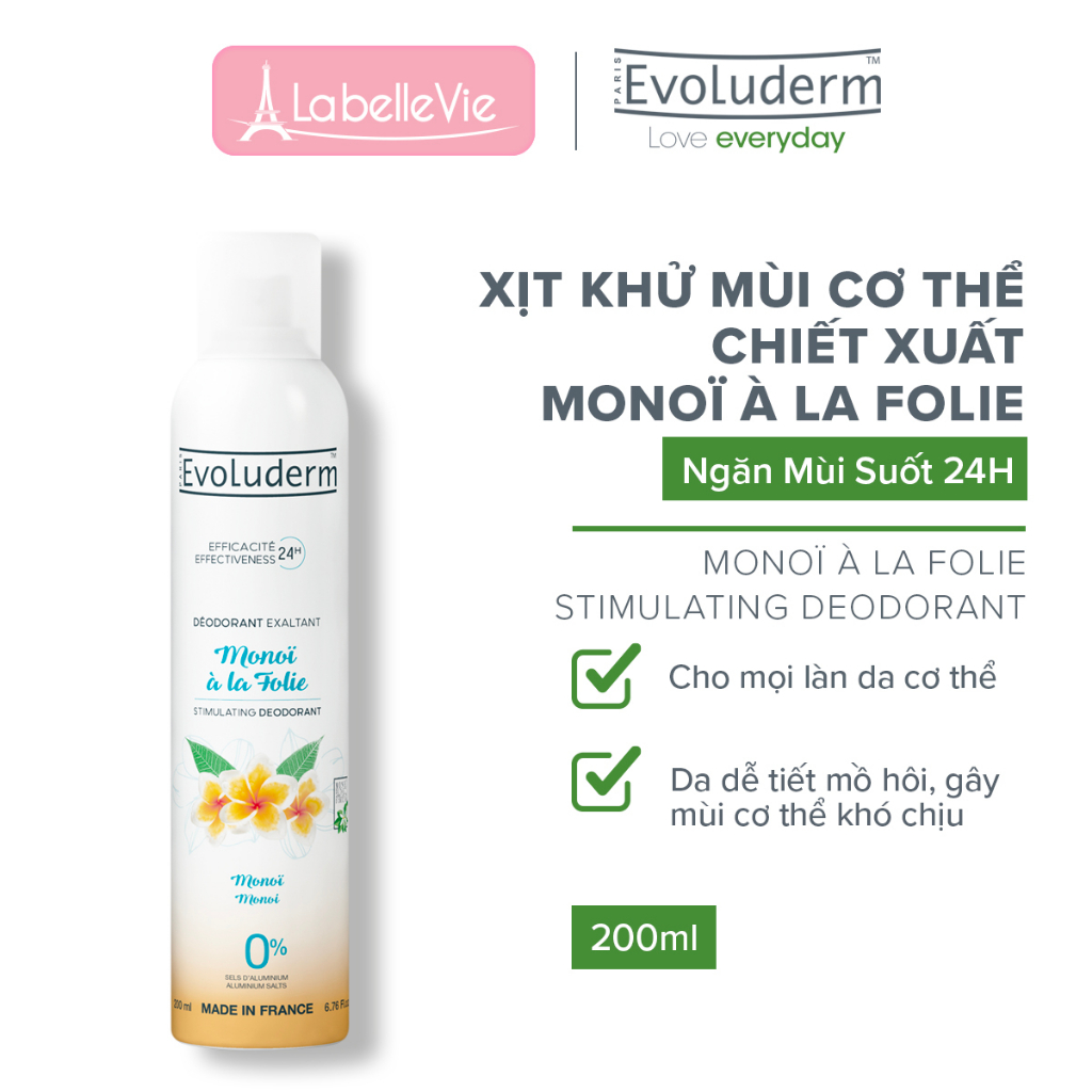 Xịt khử mùi toàn thân Evoluderm chiết xuất hoa Monoi ngăn khuẩn gây mùi suốt 24h - 200ml