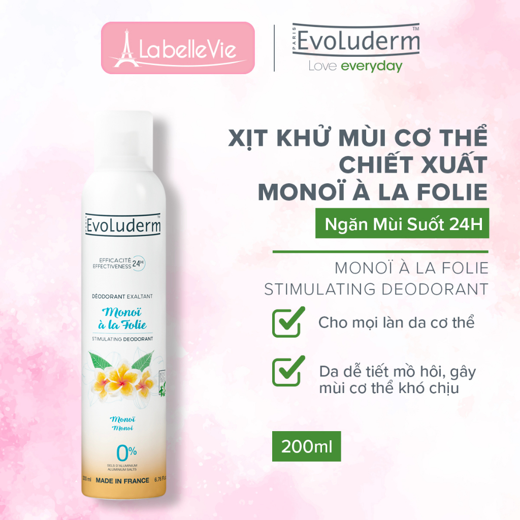 Xịt khử mùi toàn thân Evoluderm chiết xuất hoa Monoi ngăn khuẩn gây mùi suốt 24h - 200ml