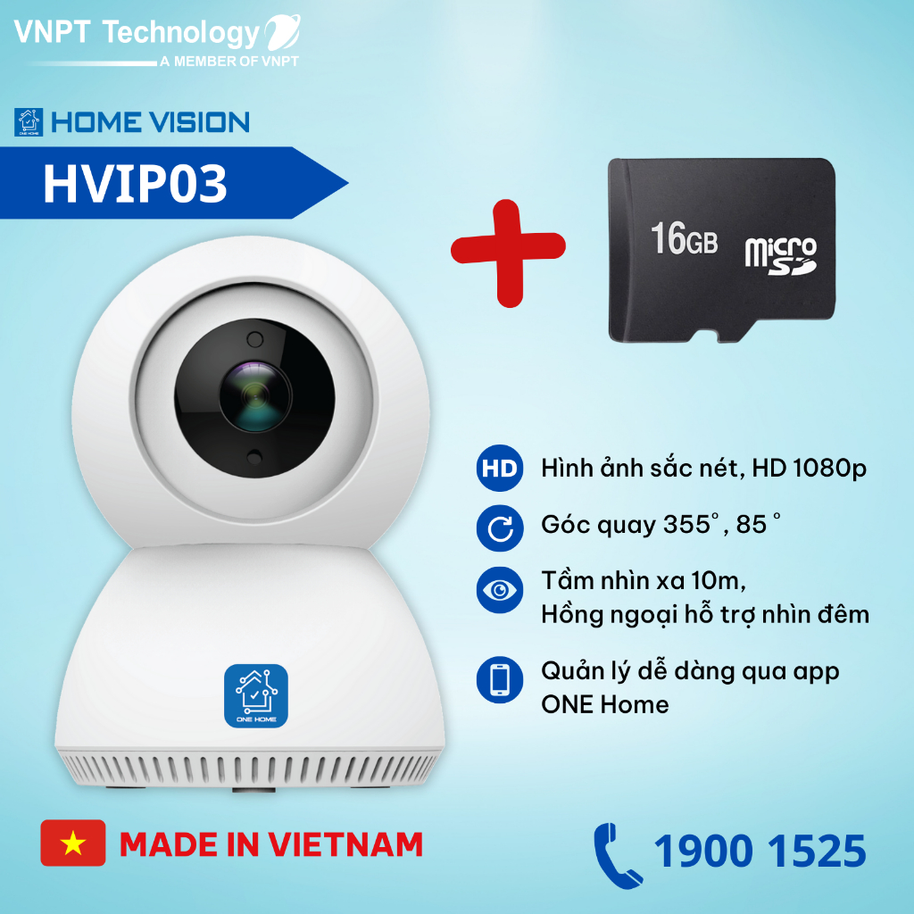 Camera IP Wifi Để Bàn Thế Hệ Mới VNPT Technology ONE HOME HVIP03 xoay 360 kèm thẻ 16Gb hàng Việt Nam Chất Lượng Cao