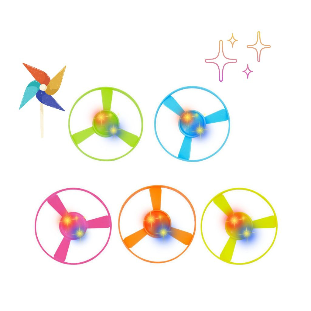 Đồ chơi bắn chong chóng, con quay phát sáng nhiều màu sắc, gồm 1 máy bắn, 1 con quay, 1 đĩa bay phát sáng, 4 đĩa thường