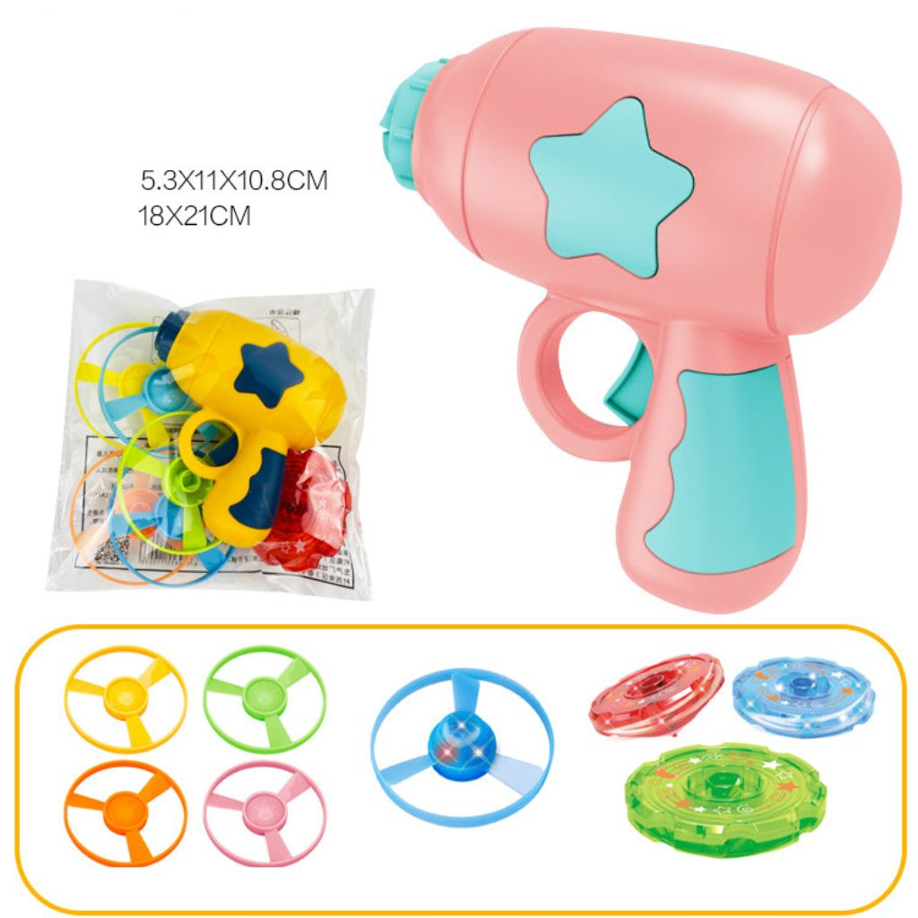 Đồ chơi bắn chong chóng, con quay phát sáng nhiều màu sắc, gồm 1 máy bắn, 1 con quay, 1 đĩa bay phát sáng, 4 đĩa thường
