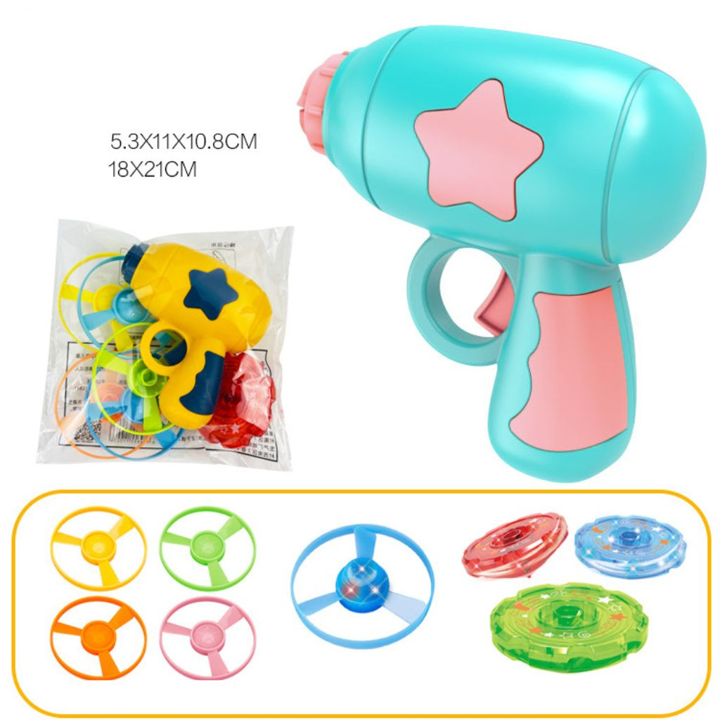 Đồ chơi bắn chong chóng, con quay phát sáng nhiều màu sắc, gồm 1 máy bắn, 1 con quay, 1 đĩa bay phát sáng, 4 đĩa thường
