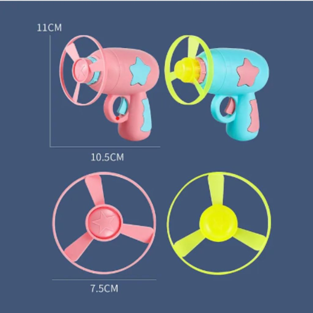 Đồ chơi bắn chong chóng, con quay phát sáng nhiều màu sắc, gồm 1 máy bắn, 1 con quay, 1 đĩa bay phát sáng, 4 đĩa thường