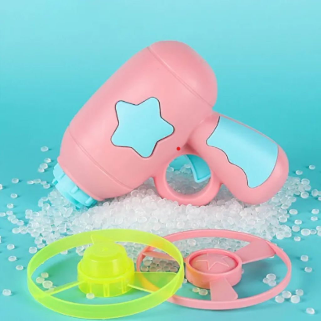 Đồ chơi bắn chong chóng, con quay phát sáng nhiều màu sắc, gồm 1 máy bắn, 1 con quay, 1 đĩa bay phát sáng, 4 đĩa thường