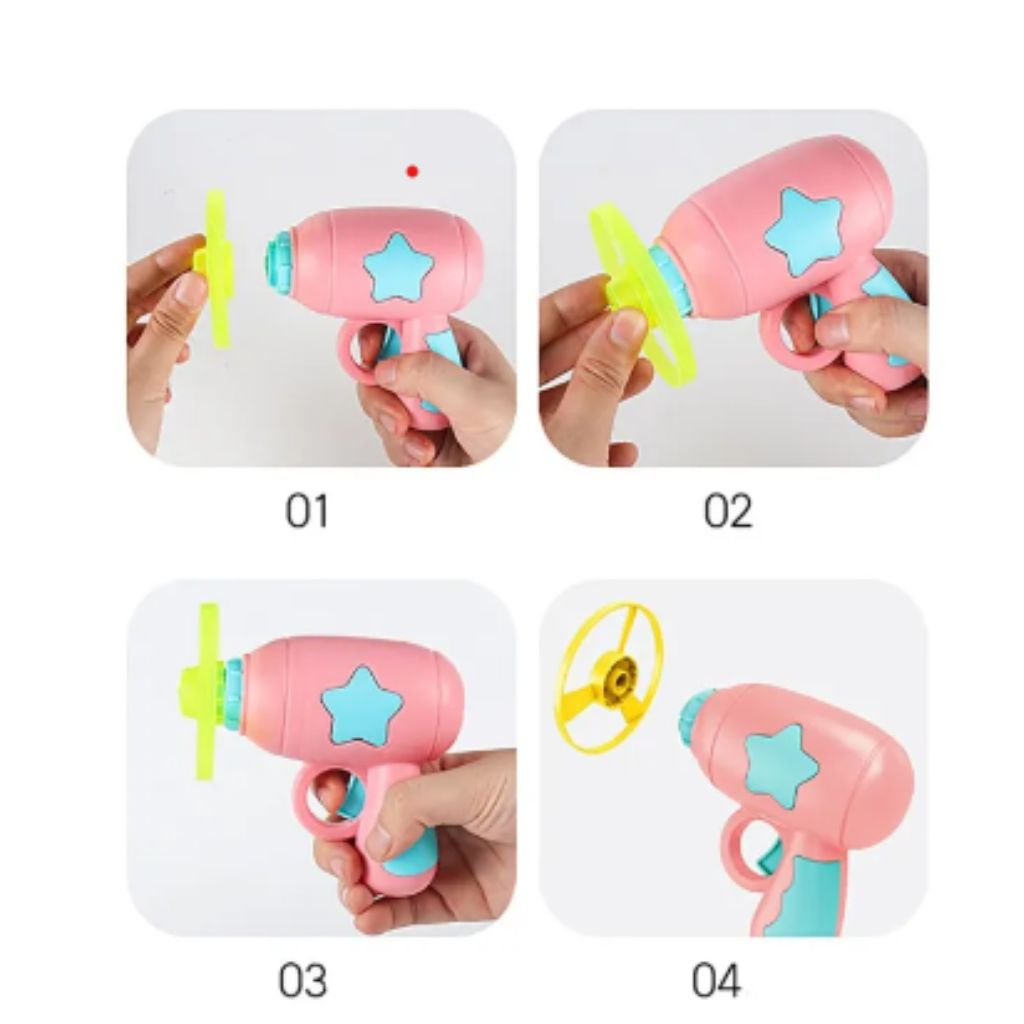 Đồ chơi bắn chong chóng, con quay phát sáng nhiều màu sắc, gồm 1 máy bắn, 1 con quay, 1 đĩa bay phát sáng, 4 đĩa thường