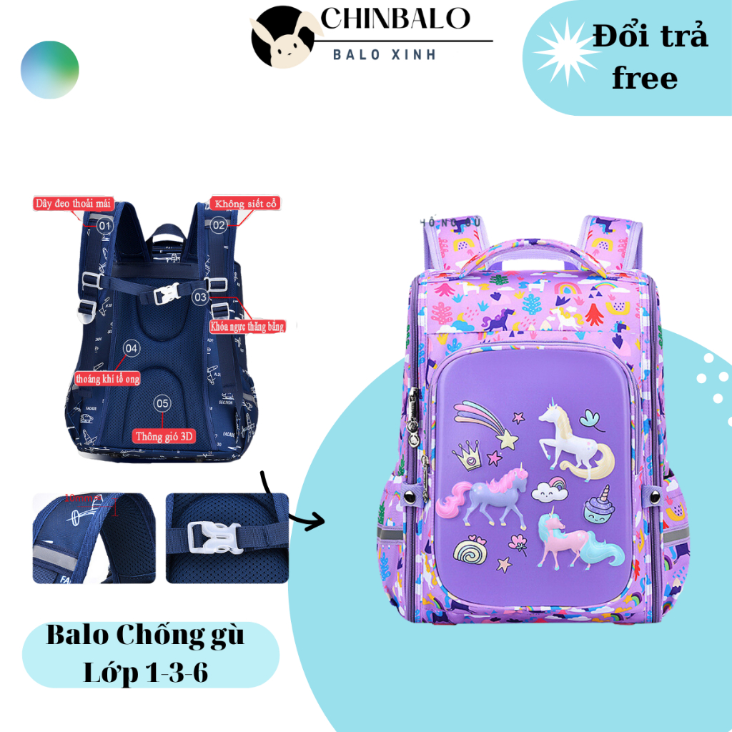 Balo chống gù học sinh cấp 1 tiểu học chống nước, chống gù 3D cho bé trai gái
