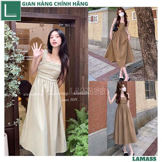Váy babydoll dây dài chun ngực xòe xinh xắn 2 màu cực tây, Đầm maxi 2 dây bản to dáng dài xếp ly ngực trẻ trung - LAMA