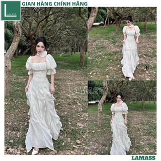 Váy cổ vuông bèo đi biển dáng dài kèm dây hoa mặc đươc 2 kiểu, Đầm maxi cup ngực tay bồng đính hoa cổ sang chảnh - LAMA