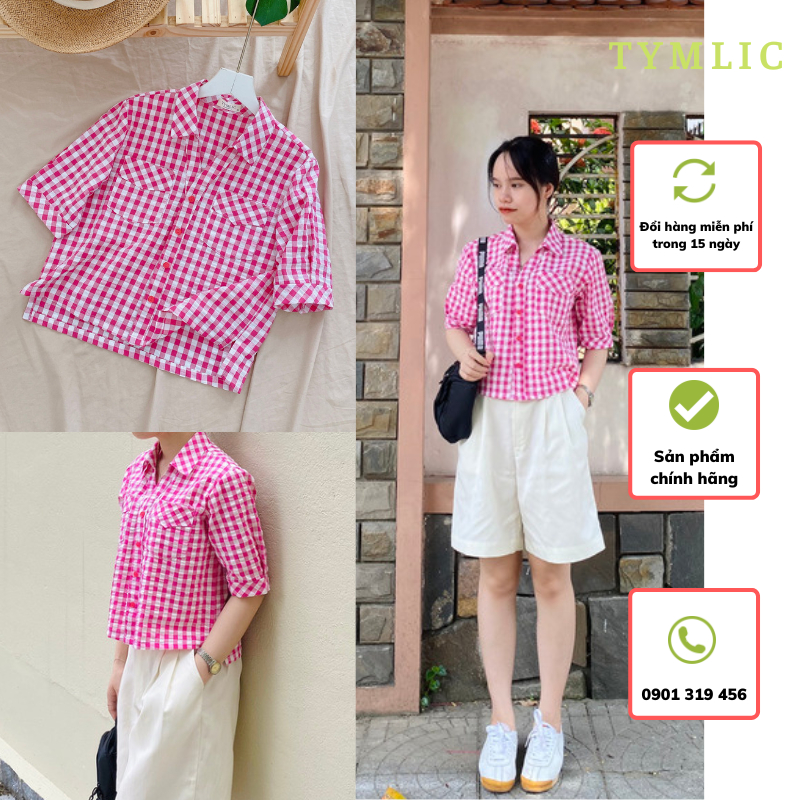 Áo Sơ Mi Thô Dáng Croptop Màu Caro Hồng TYMLIC
