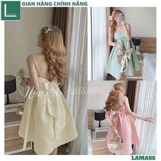 Đầm gấm tiểu thư dây dáng xòe bồng kết nơ sau điệu đà, Váy babydoll gấm xốp 2 dây mút ngực nơ sau bản to bánh bèo - LAMA